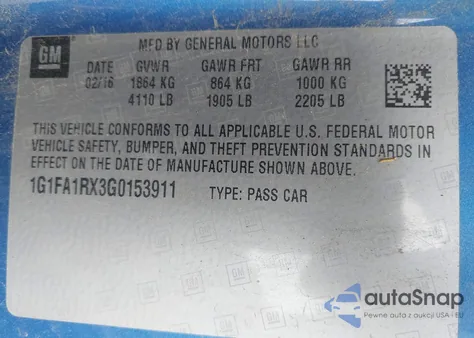 2016 Chevrolet Camaro 1Lt из США, поврежденный, VIN 1G1FA1RX3G0153911